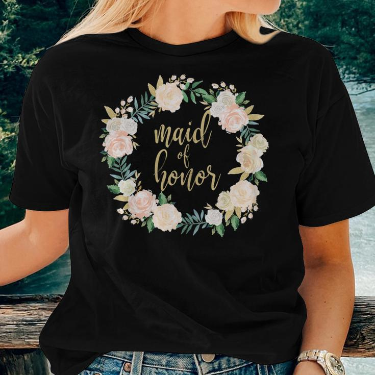 Maid Of Honor Blush Floral Wreath Wedding Women T-shirt Gifts for Her