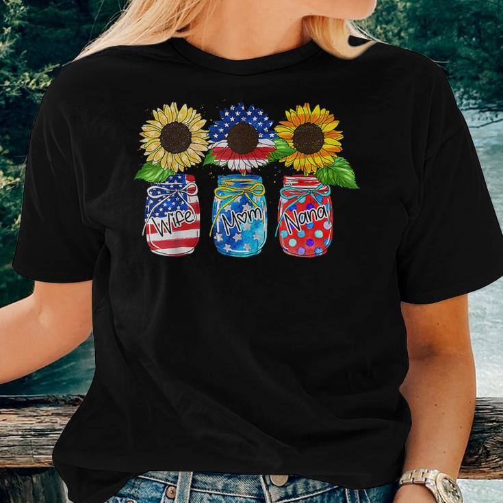 Mason Jar Sunflower Wife Mom Nana Usa Flag 4Th Of July Women T-shirt Gifts for Her