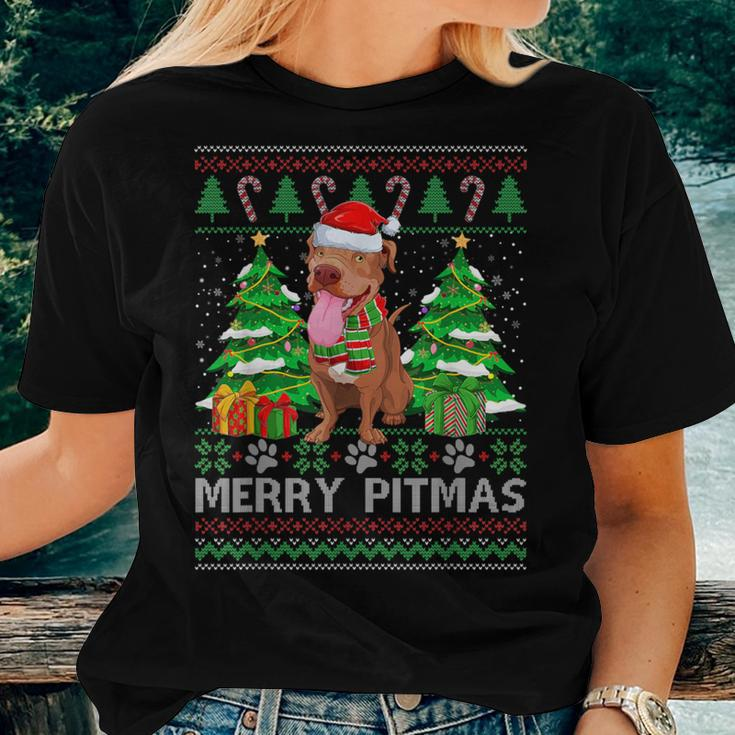Merry Pitmas Santa Pitbull Dog Xmas Ugly Christmas Sweater Women T-shirt Gifts for Her