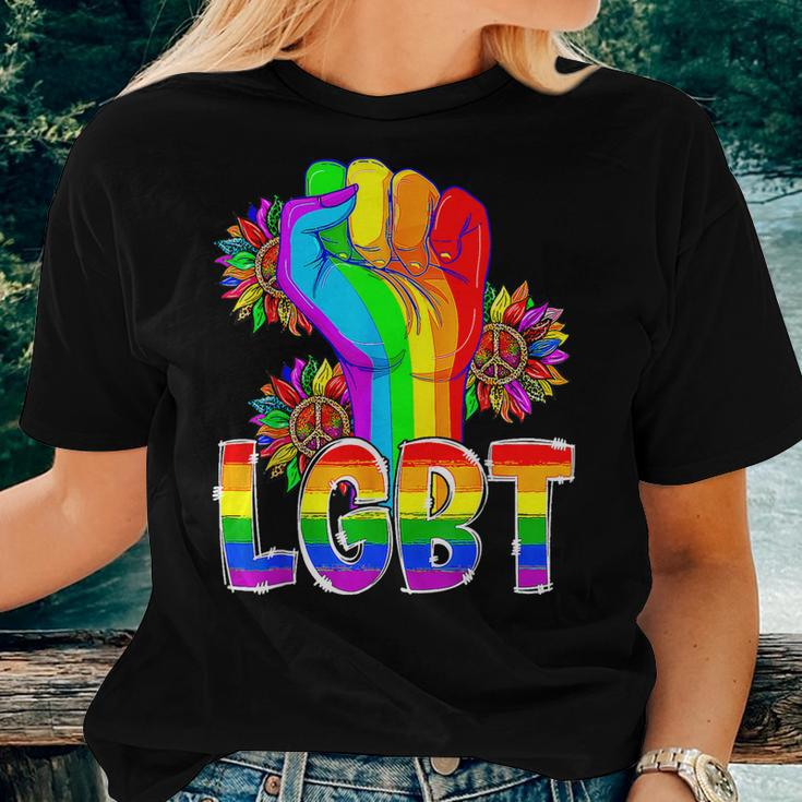 Proud Rainbow Hand Fist Lgbt Rainbow Sunflower Pride Month Women T-shirt Gifts for Her