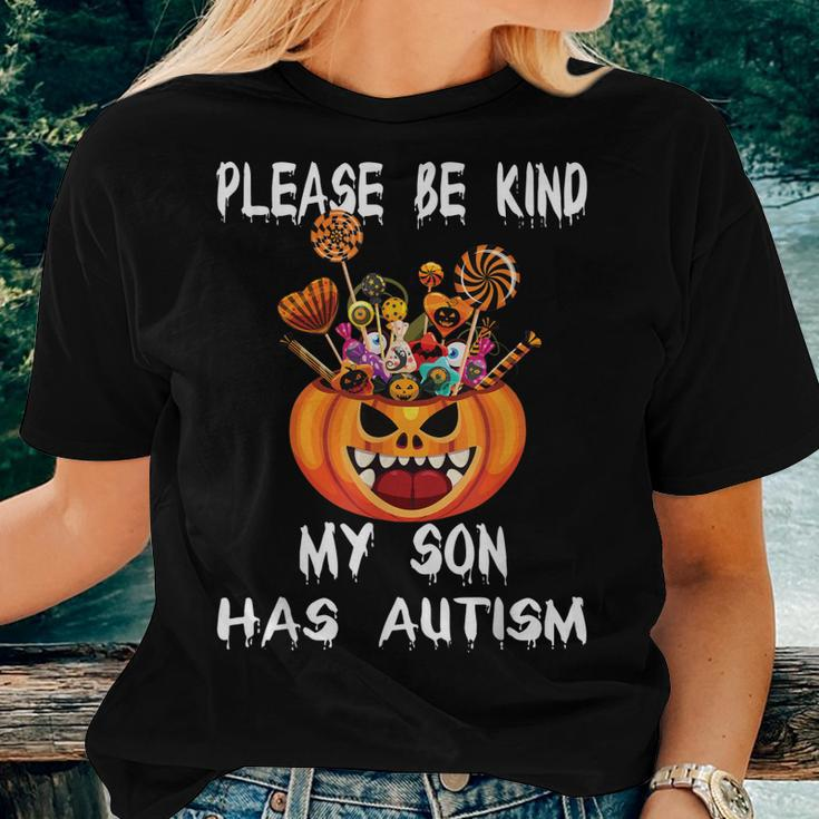 Pumpkin With Candy Halloween Be Kind My Son Has Autism Women T-shirt Gifts for Her