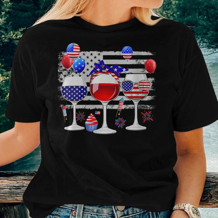 Red White Blue Three Wine Glasses American Flag 4Th Of July Women T-shirt Gifts for Her