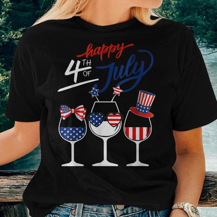 Red White Blue Wine Glass Usa Flag Happy 4Th Of July Women T-shirt Gifts for Her