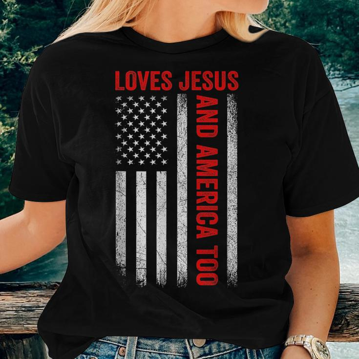 Retro Loves Jesus And America Too American Flag 4Th Of July Women T-shirt Gifts for Her