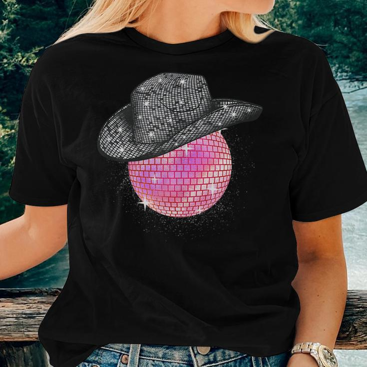 Rhinestone Cowgirl Pink Disco Ball Wearing Cowboy Hat Retro Women T-shirt Gifts for Her