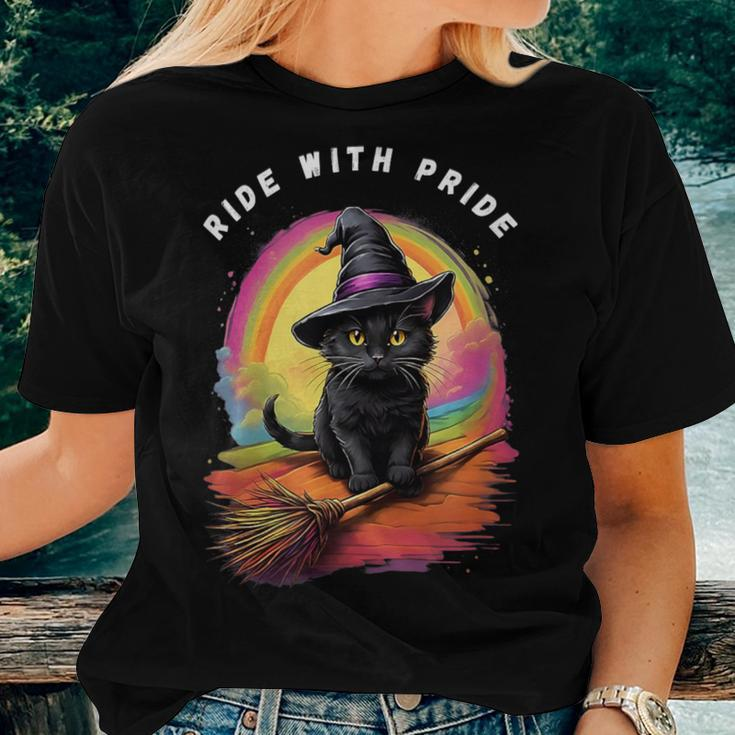 Ride With Pride Queer Witchy Lgbt Rainbow Cat Meme Halloween Women T-shirt Gifts for Her