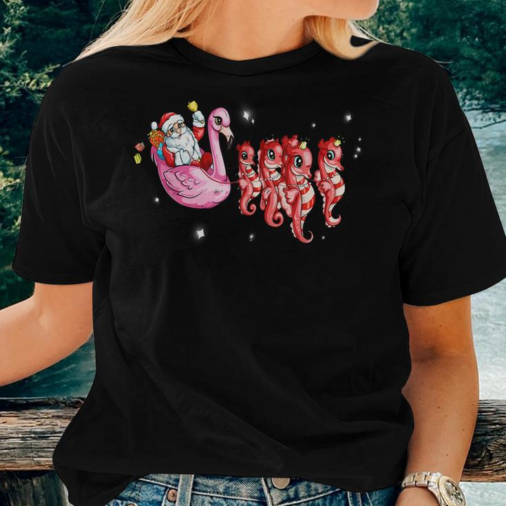 Santa Flamingo Carriage With Seahorses Christmas Kids Flamingo Women T-shirt Gifts for Her