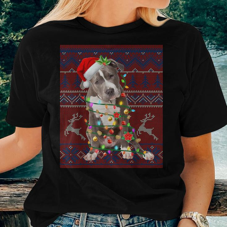 Santa Pitbull Christmas Tree Lights Ugly Sweater Pajama Women T-shirt Gifts for Her