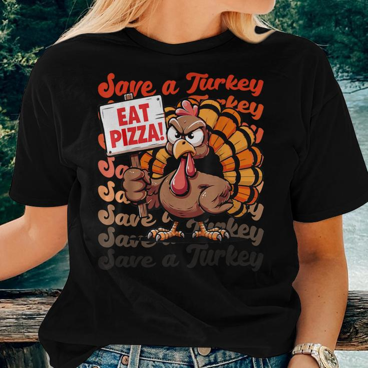 Save A Turkey Eat Pizza Autumn Thanksgiving Groovy Women T-shirt Gifts for Her