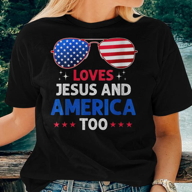 She Loves Jesus And America Too 4Th Of July Retro Usa Flag Usa Women T-shirt Gifts for Her