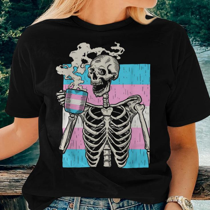 Skeleton Drinking Coffee Lgbt-Q Transgender Pride Trans Flag Women T-shirt Gifts for Her