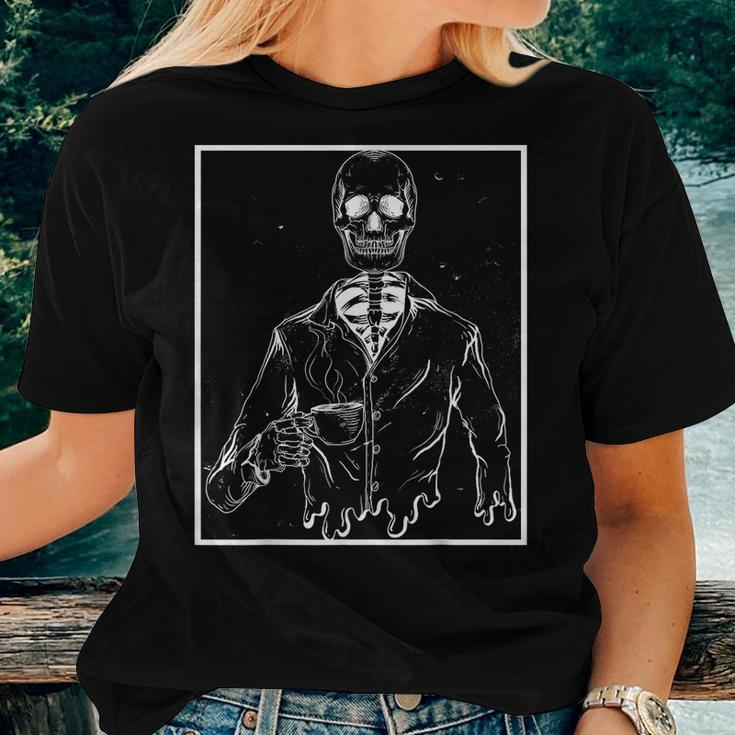 Skeleton Vintage Picture With Smiling Skull Drinking Coffee Women T-shirt Gifts for Her
