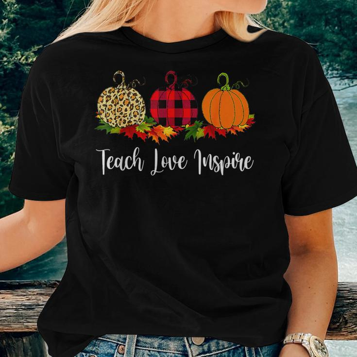 Teach Love Inspire Teacher Autumn Fall Pumpkin Leopard Women T-shirt Gifts for Her
