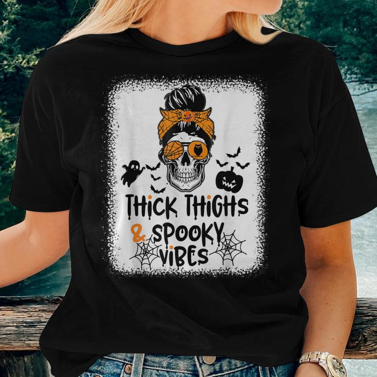 Thick Thighs And Spooky Vibes Messy Bun Girl Halloween Women T-shirt Gifts for Her