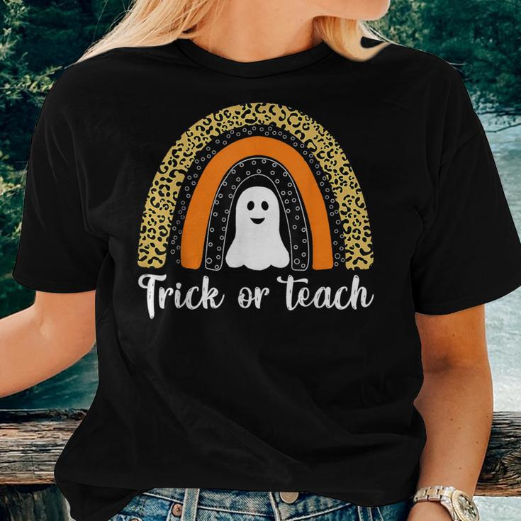 Trick Or Teach Leopard Rainbow Ghost Halloween Teacher Women T-shirt Gifts for Her