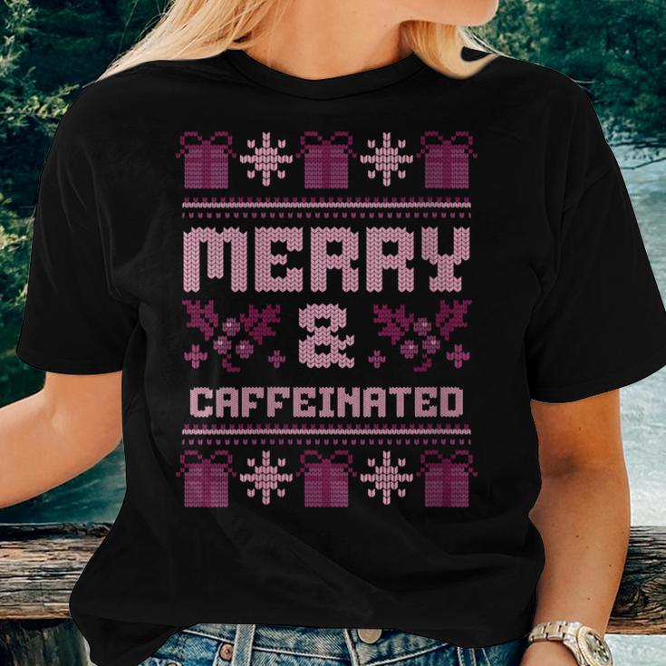 Ugly Christmas Sweater Merry And Caffeinated Party Women T-shirt Gifts for Her