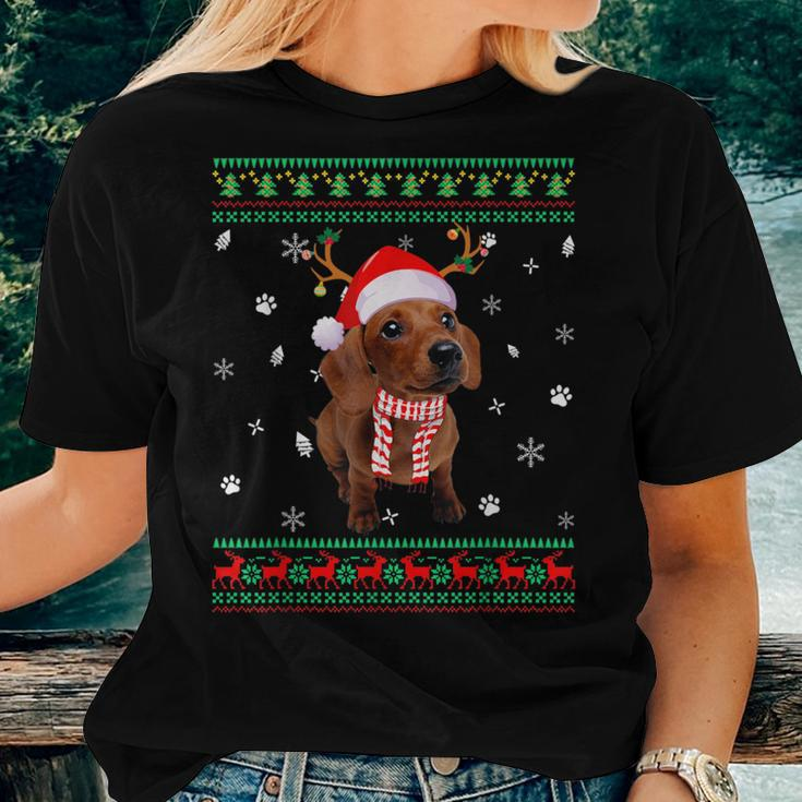 Ugly Sweater Christmas Dachshund Dog Santa Reindeer Women T-shirt Gifts for Her