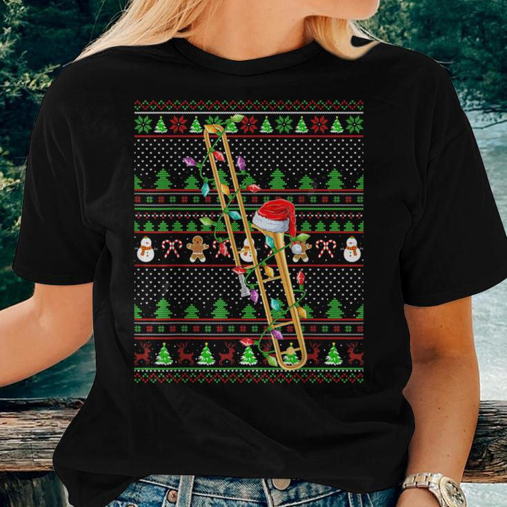 Ugly Xmas Sweater Style Lighting Trombone Christmas Women T-shirt Gifts for Her