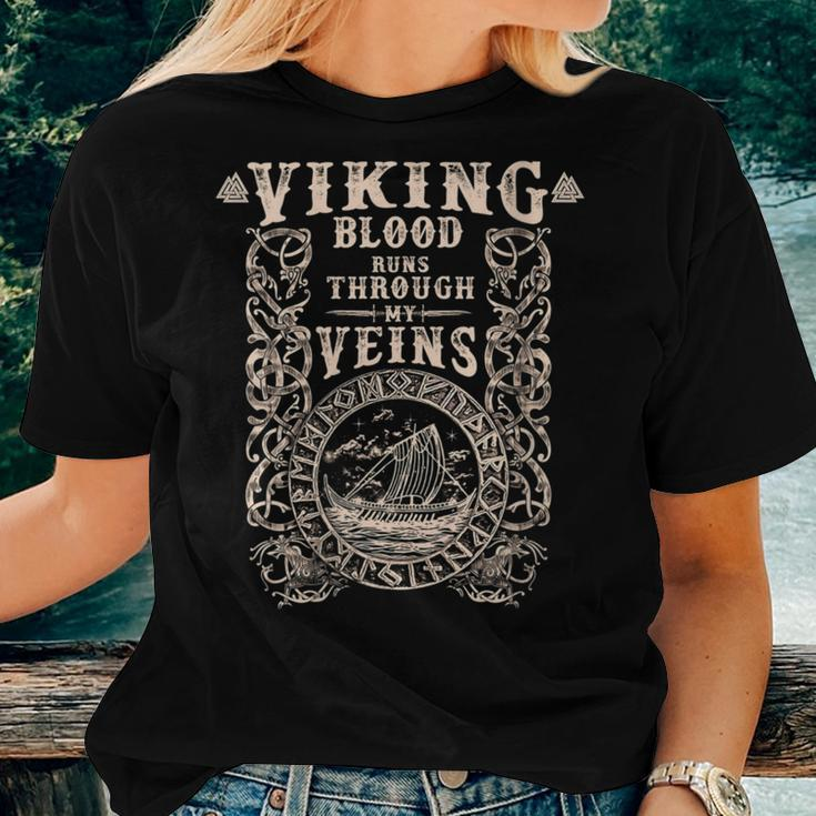 Viking Blood Runs Through My Veins Viking Ship Ringerike Women T-shirt Gifts for Her