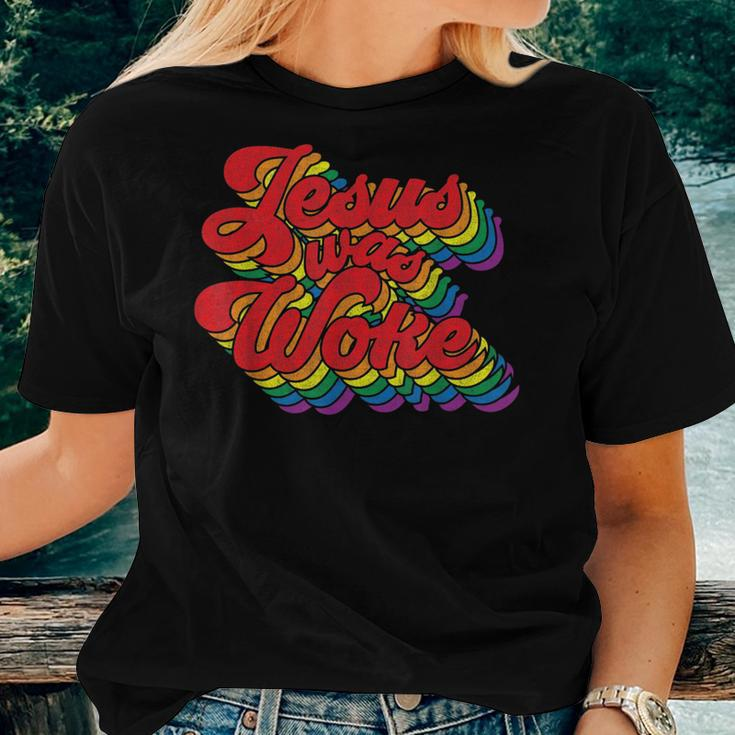 Vintage Retro Christian Ally Pride Rainbow Jesus Was Woke Women T-shirt Gifts for Her