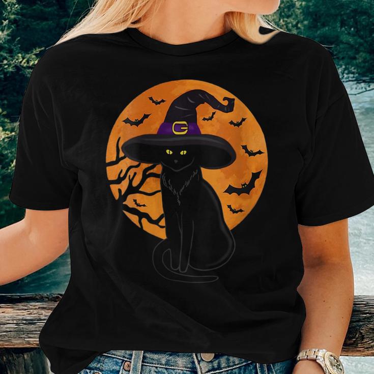 Vintage Scary Halloween Black Cat Costume Witch Hat & Moon Women T ...