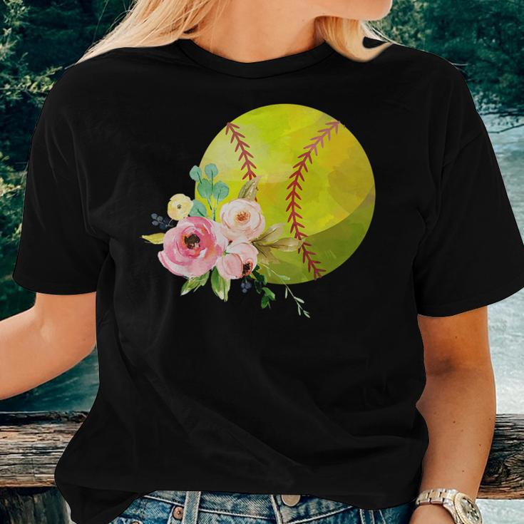 Watercolor Softball Boho Floral Softball Mom Women T-shirt Gifts for Her