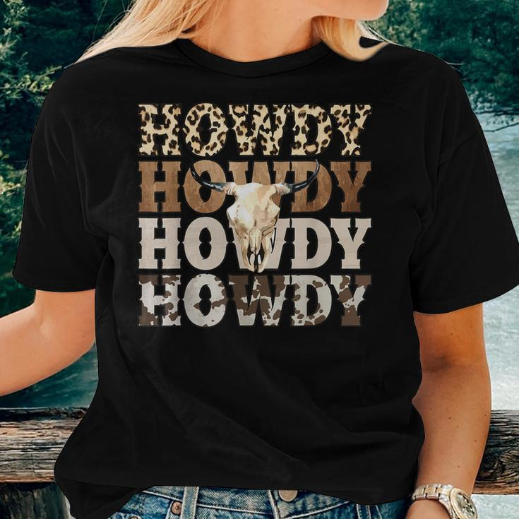 Western Country Leopard Howdy Bull Skull Cowgirl Rodeo Women T-shirt Gifts for Her
