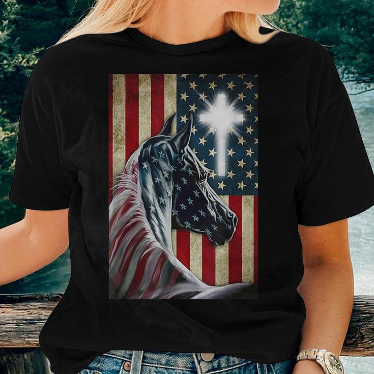 Western Cowboy Cowgirl Patriot Horse Jesus Cross Usa Flag Women T-shirt Gifts for Her