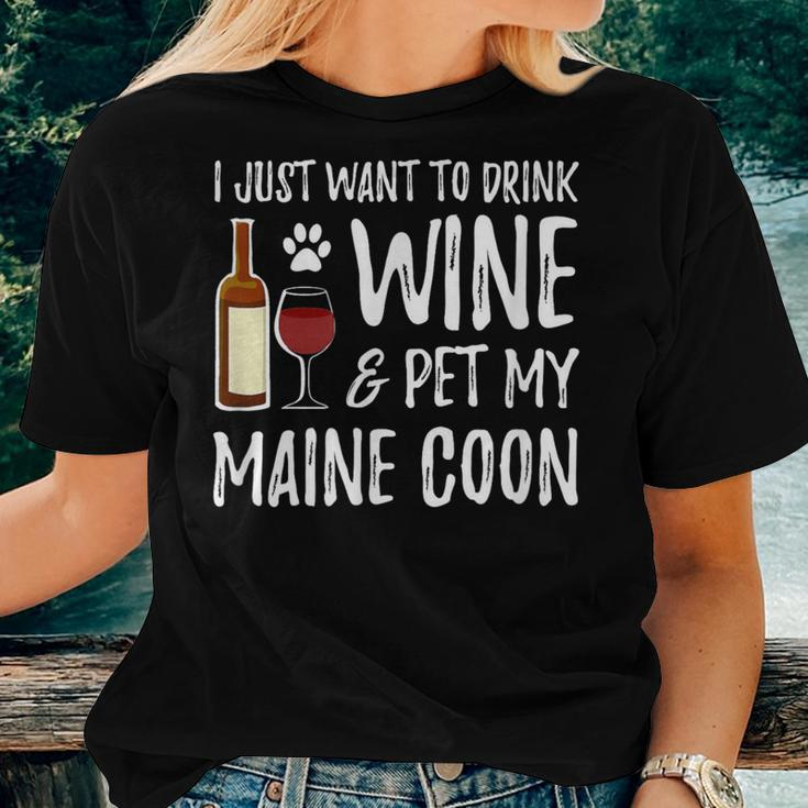 Wine And Maine Coon Cat Mom Or Cat Dad Idea Women T-shirt Gifts for Her
