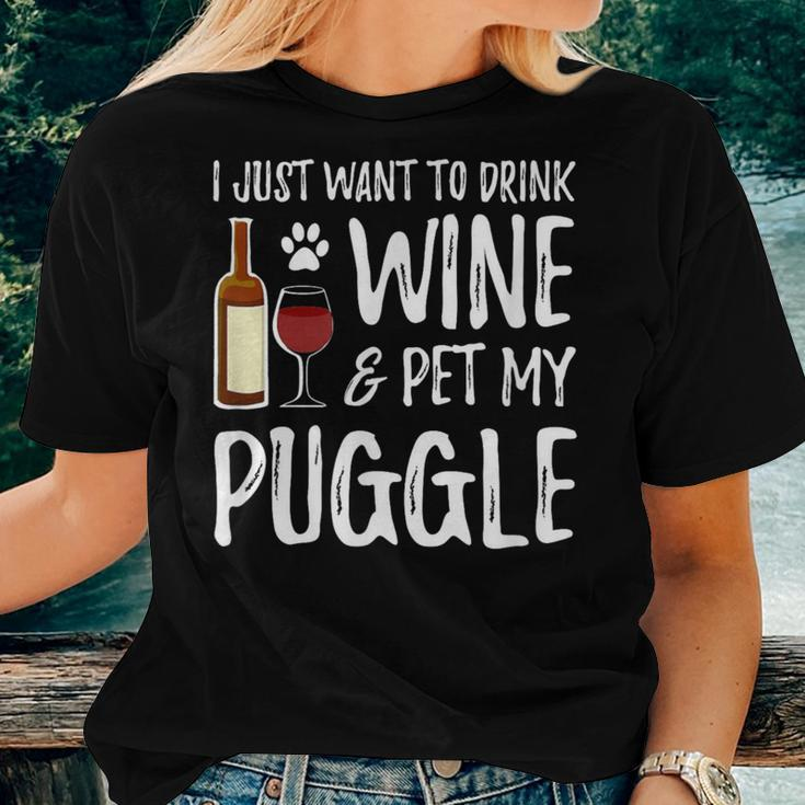 Wine And Puggle Dog Mom Or Dog Dad Idea Women T-shirt Gifts for Her