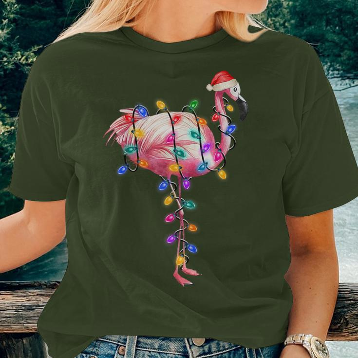 Christmas Flamingo Christmas Lights Santa Hat Elf Women T-shirt Gifts for Her