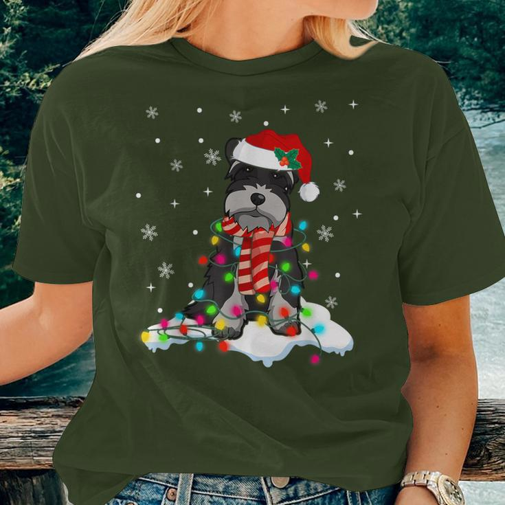 Cute Schnauzer Christmas Lights With Santa Hat Dog Dad Mom Women T-shirt Gifts for Her