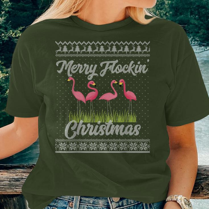 Flamingo Christmas Pun Merry Flockin Holiday Party Women T-shirt Gifts for Her