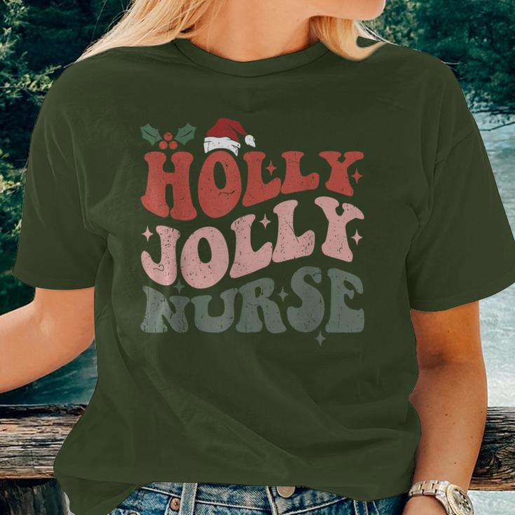 Holly N Jolly Nurse Santa Hat Groovy Christmas 2023 Women T-shirt Gifts for Her
