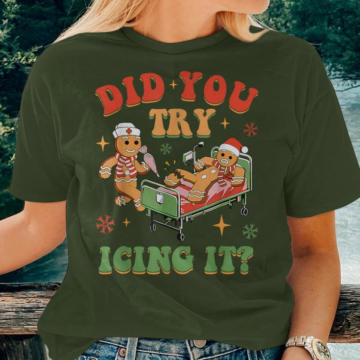 Retro Icu Nurse Christmas Gingerbread Did You Try Icing It Women T-shirt Gifts for Her