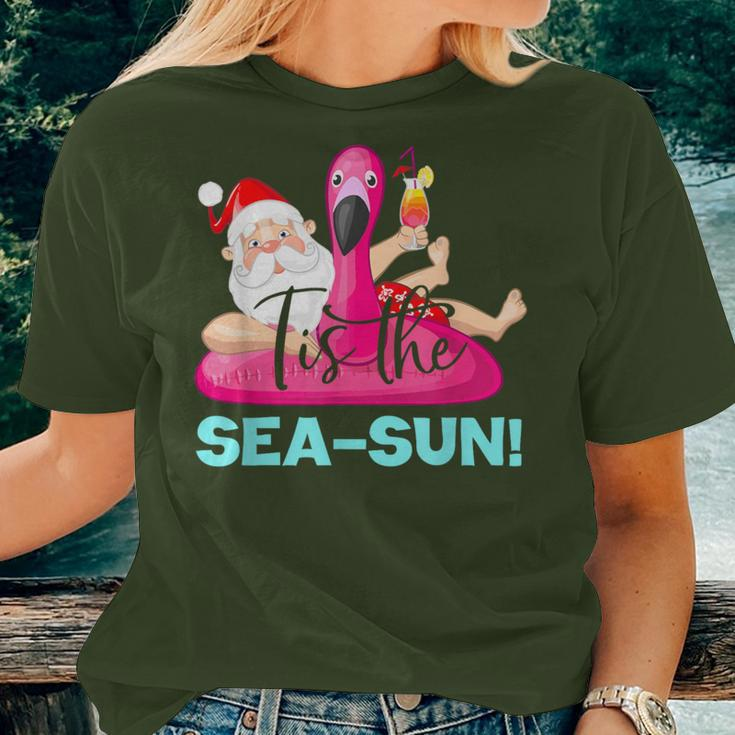 Santa Claus Flamingo Float Tis The Sea-Sun Christmas In July Women T-shirt Gifts for Her