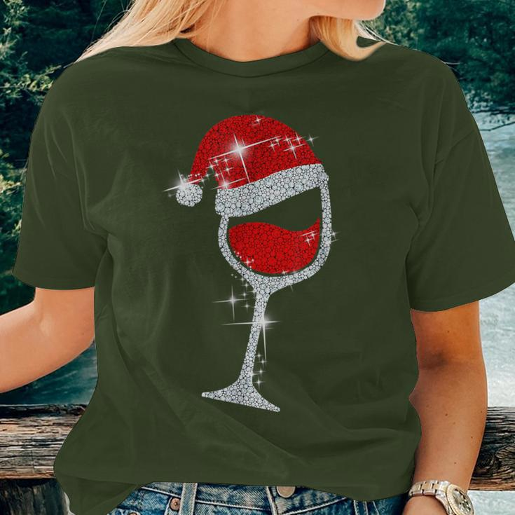Wine Glasses Santa Hat Bling Christmas Wine Lover Women T-shirt Gifts for Her