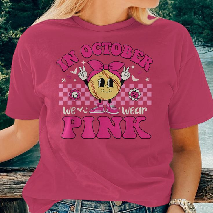 Groovy In October We Wear Pink Softball Breast Cancer Women T-shirt Gifts for Her