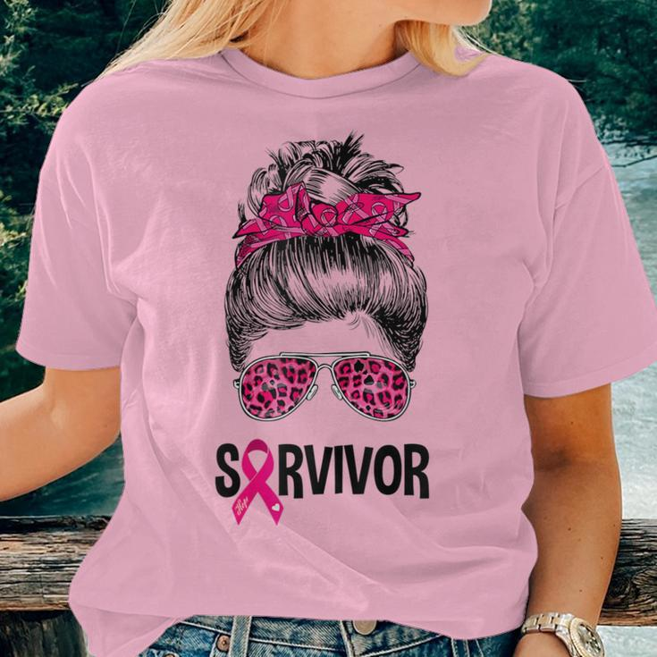 Survivor Messy Bun Pink Ribbon Breast Cancer Awareness Women T-shirt Gifts for Her