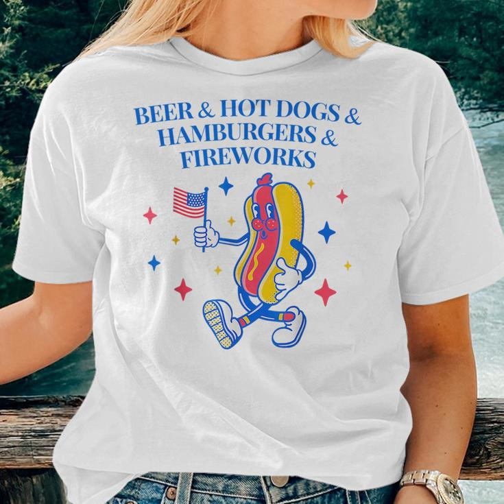 Beer & Hot Dogs & Hamburgers & Fireworks Funny 4Th Of July Women Crewneck Short T-shirt Gifts for Her