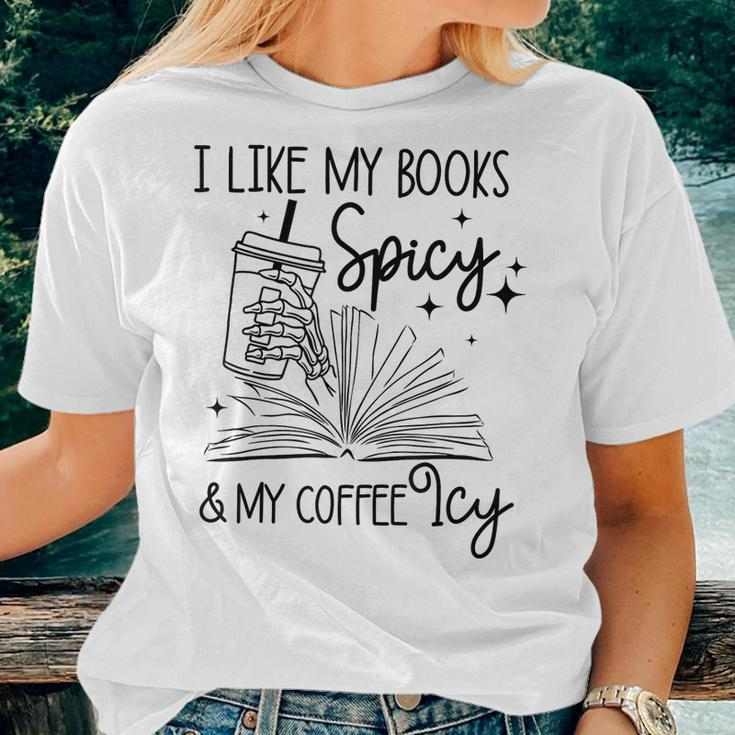 I Like My Books Spicy And My Coffee Icy Skeleton Book Lover For Coffee Lovers Women T-shirt Gifts for Her