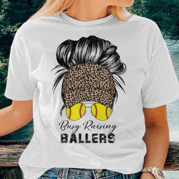 Busy Raising Ballers Softball Mom Bun Leopard Baseball Cap Women T-shirt Gifts for Her
