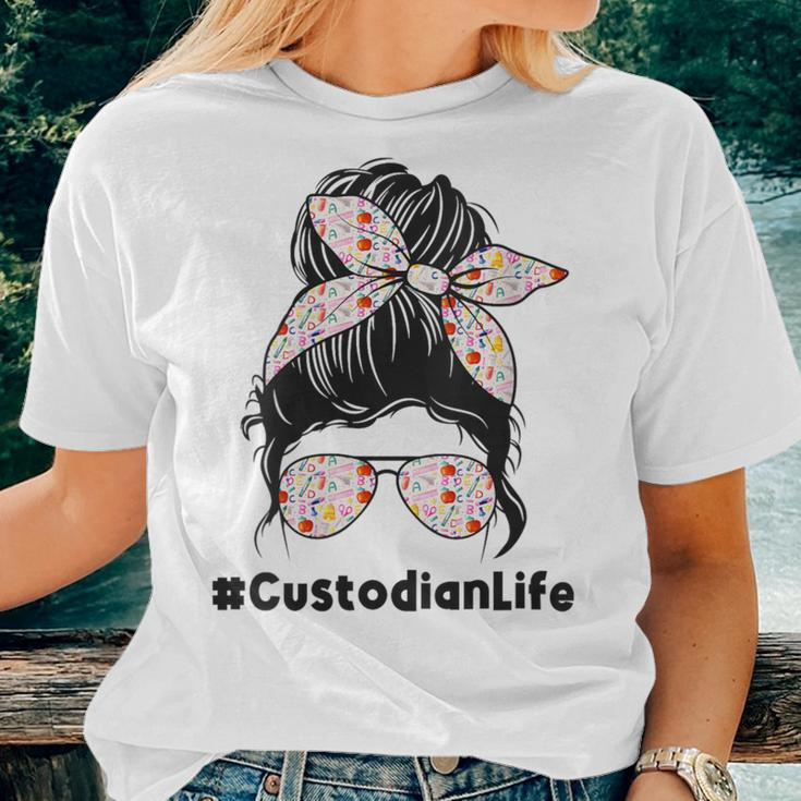 Custodian Life Messy Bun Hair Glasses Leopard Back To School Women T-shirt Gifts for Her
