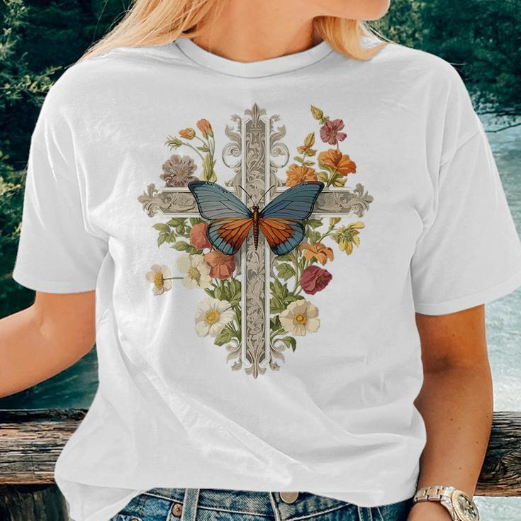 Cute Christian Boho Faith Cross Butterflies Women & Girls Faith Women T-shirt Gifts for Her
