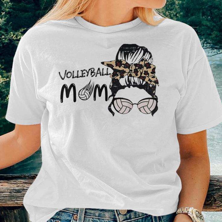 Cute Volleyball Mom Leopard Print Messy Bun Women T-shirt Gifts for Her