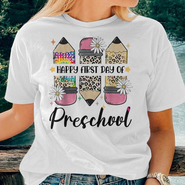 First Day Of Preschool Teacher Leopard Pencil Back To School Women T-shirt Gifts for Her