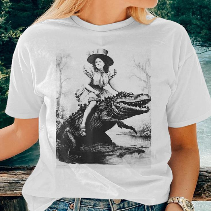 Girl Riding Alligator | Weird Funny Florida Crocodile Meme Women T-shirt Short Sleeve Graphic Gifts for Her