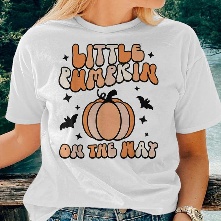 Halloween Pregnancy Little Pumpkin On The Way Groovy Women T-shirt Gifts for Her
