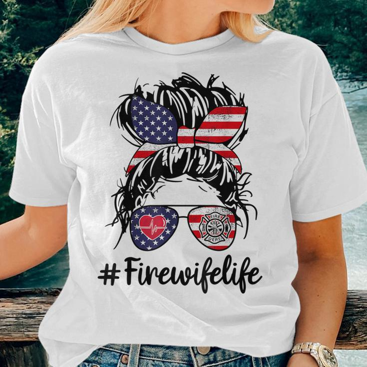 Happy July 4Th Firefighters Wife Life Messy Buns Flag Women T-shirt Gifts for Her