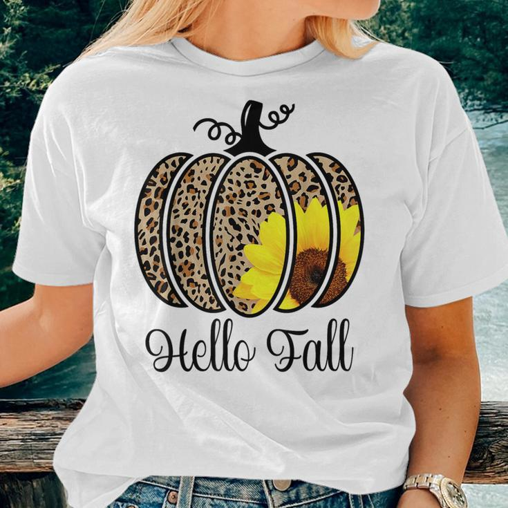 Hello Fall Sunflower Pumpkin Fall Y'all Leopard Autumn Women T-shirt Gifts for Her